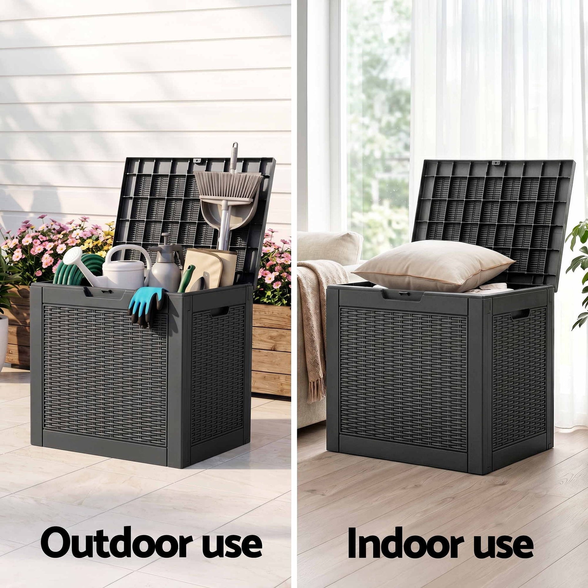 Gardeon Outdoor Storage Box 118L Container Lockable Garden Toy Tool Rattan-Texture Black Awezingly