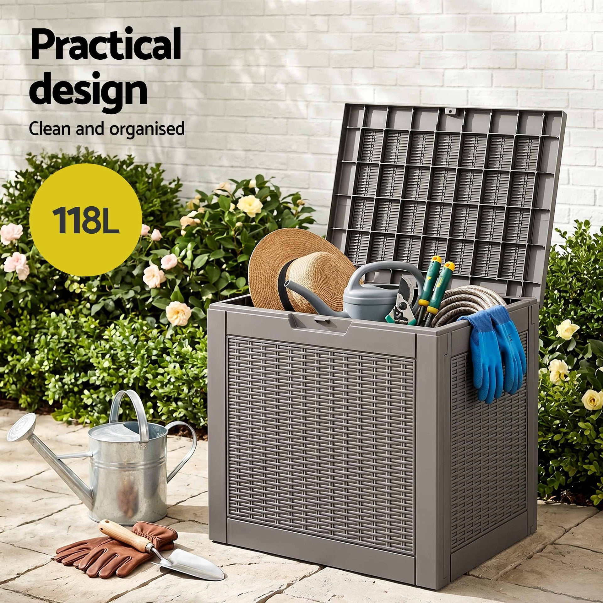 Gardeon Outdoor Storage Box 118L Container Lockable Garden Toy Tool Rattan-Texture Brown Awezingly