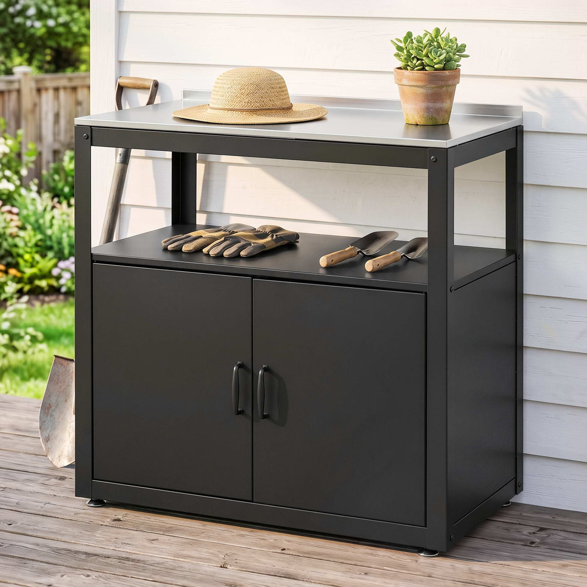 Gardeon Outdoor Storage Cabinet Garden Potting Bench Stainless Steel Table Top Black Awezingly