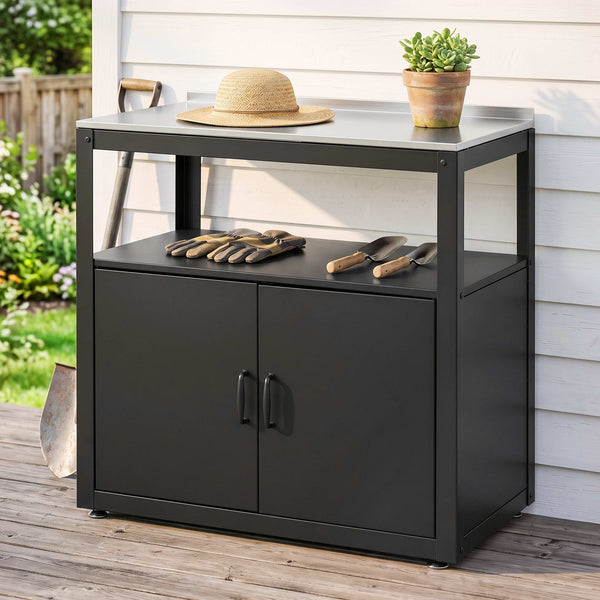 Gardeon Outdoor Storage Cabinet Garden Potting Bench Stainless Steel Table Top Black Awezingly