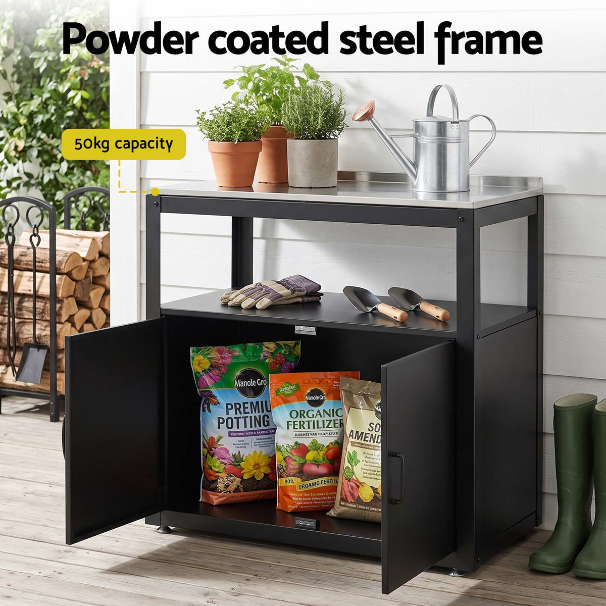 Gardeon Outdoor Storage Cabinet Garden Potting Bench Stainless Steel Table Top Black Awezingly