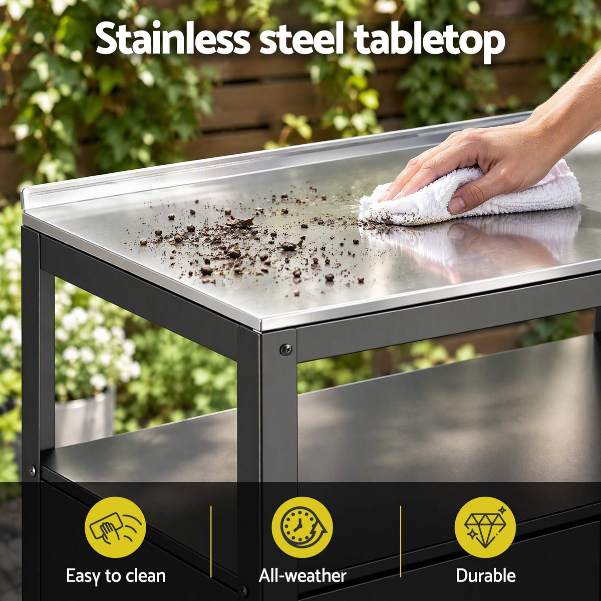 Gardeon Outdoor Storage Cabinet Garden Potting Bench Stainless Steel Table Top Black Awezingly