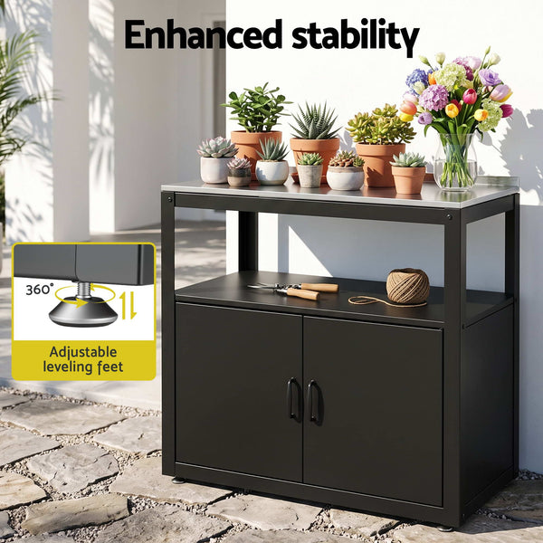 Gardeon Outdoor Storage Cabinet Garden Potting Bench Stainless Steel Table Top Black Awezingly