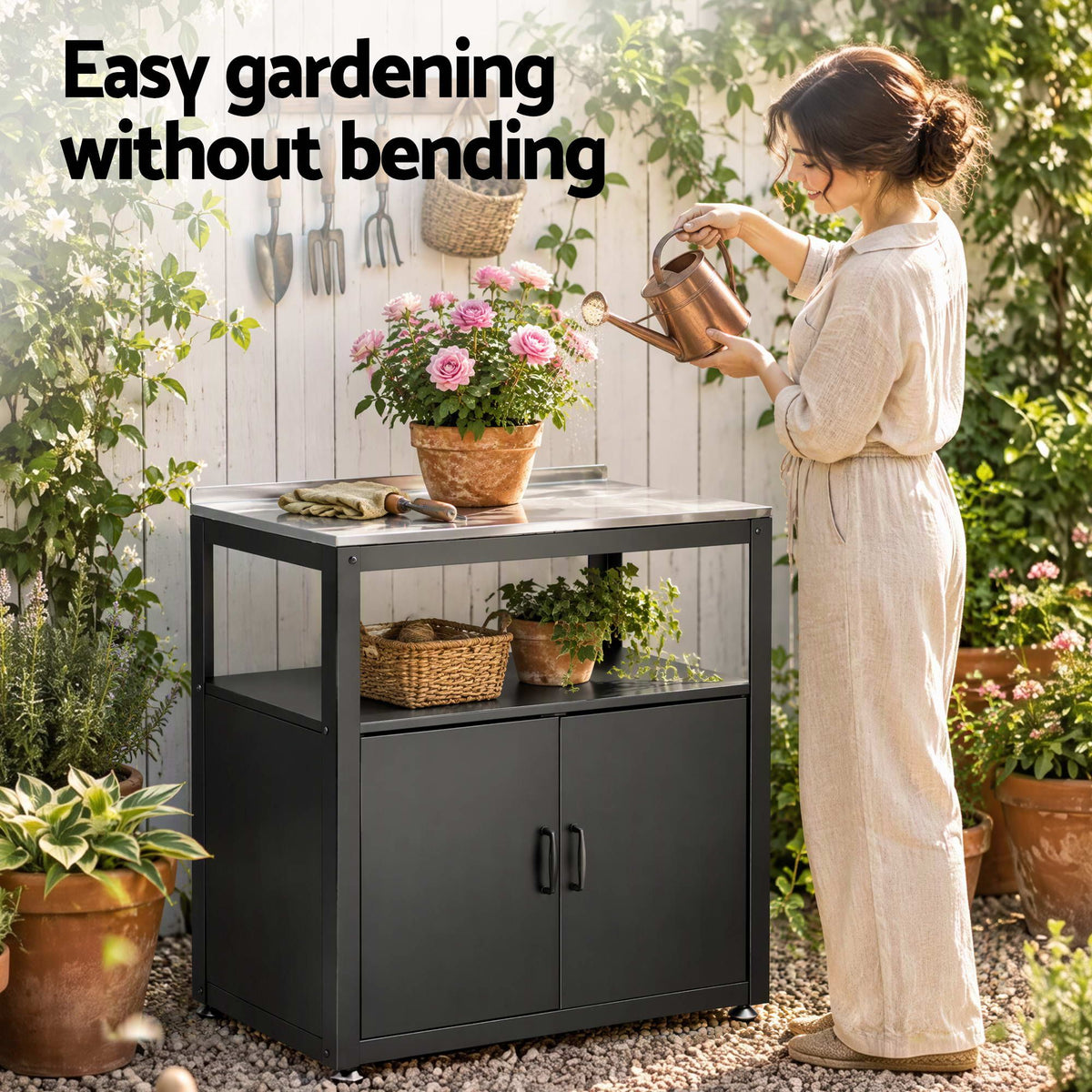 Gardeon Outdoor Storage Cabinet Garden Potting Bench Stainless Steel Table Top Black Awezingly