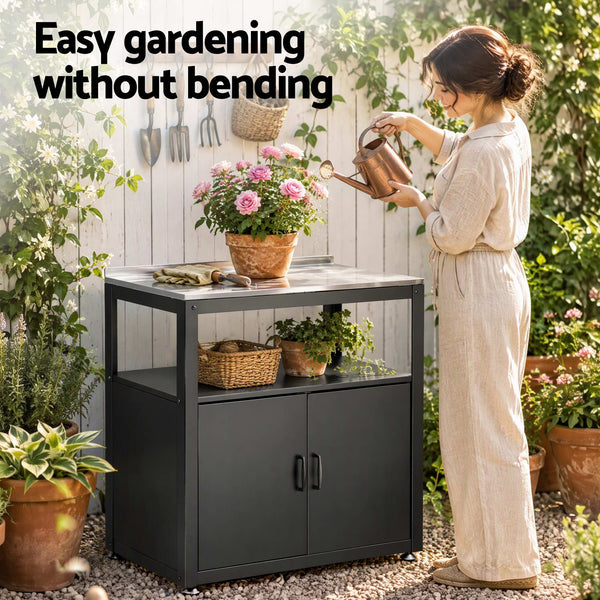 Gardeon Outdoor Storage Cabinet Garden Potting Bench Stainless Steel Table Top Black Awezingly