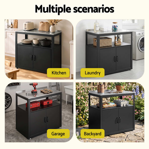Gardeon Outdoor Storage Cabinet Garden Potting Bench Stainless Steel Table Top Black Awezingly