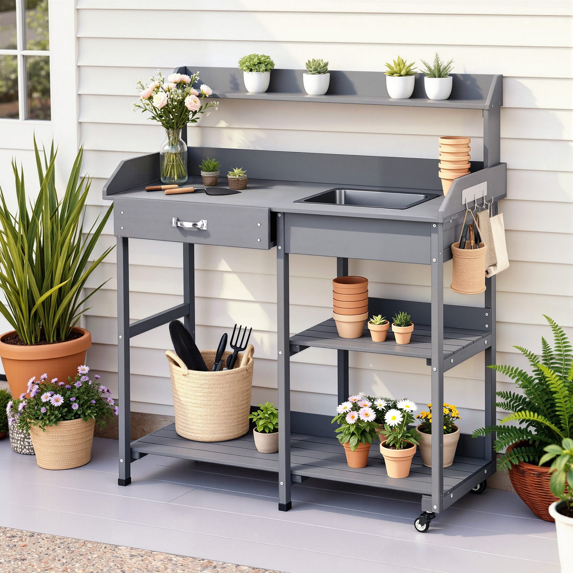 Gardeon Outdoor Potting Bench Table Storage Cabinet Potters Garden Workstation Grey Awezingly