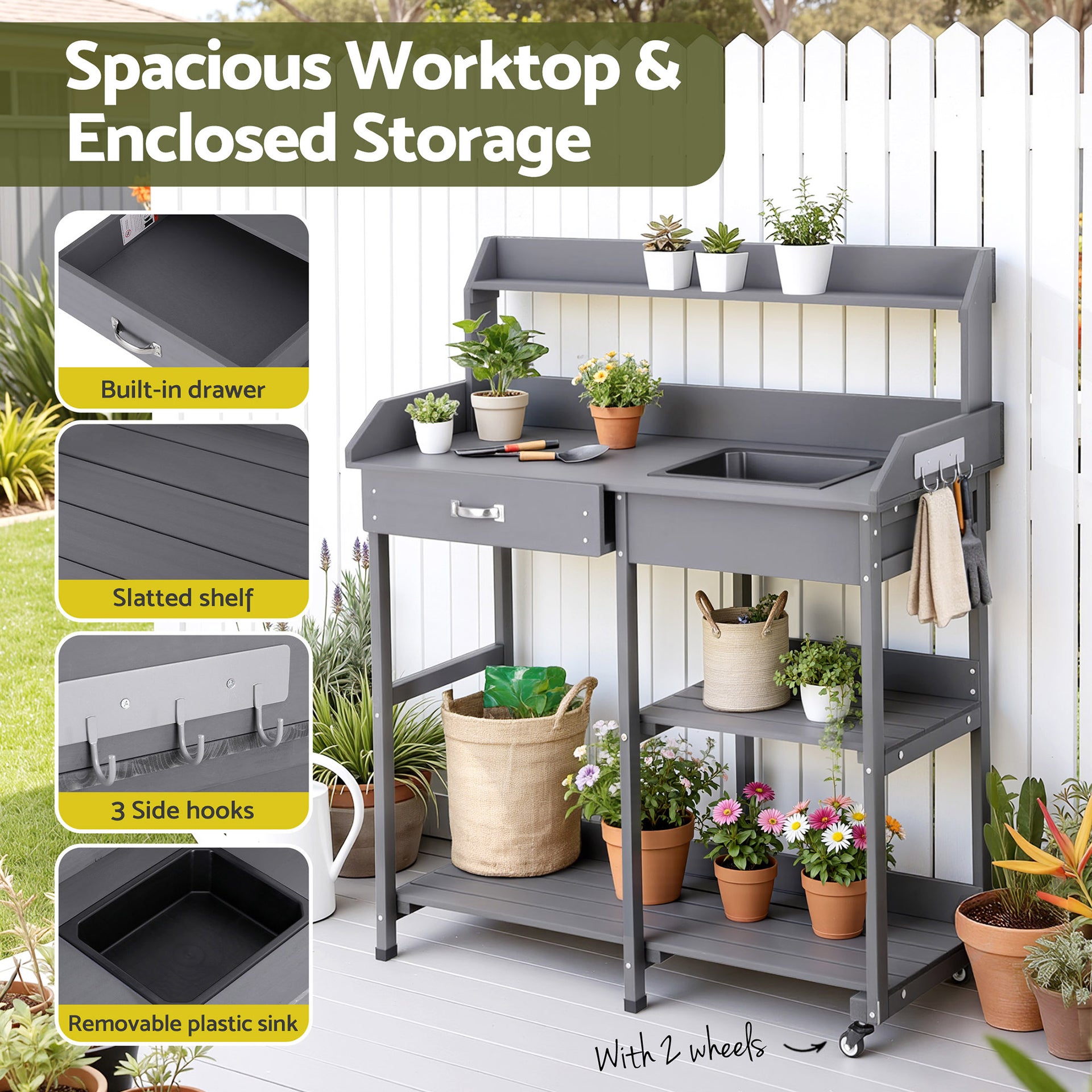 Gardeon Outdoor Potting Bench Table Storage Cabinet Potters Garden Workstation Grey Awezingly