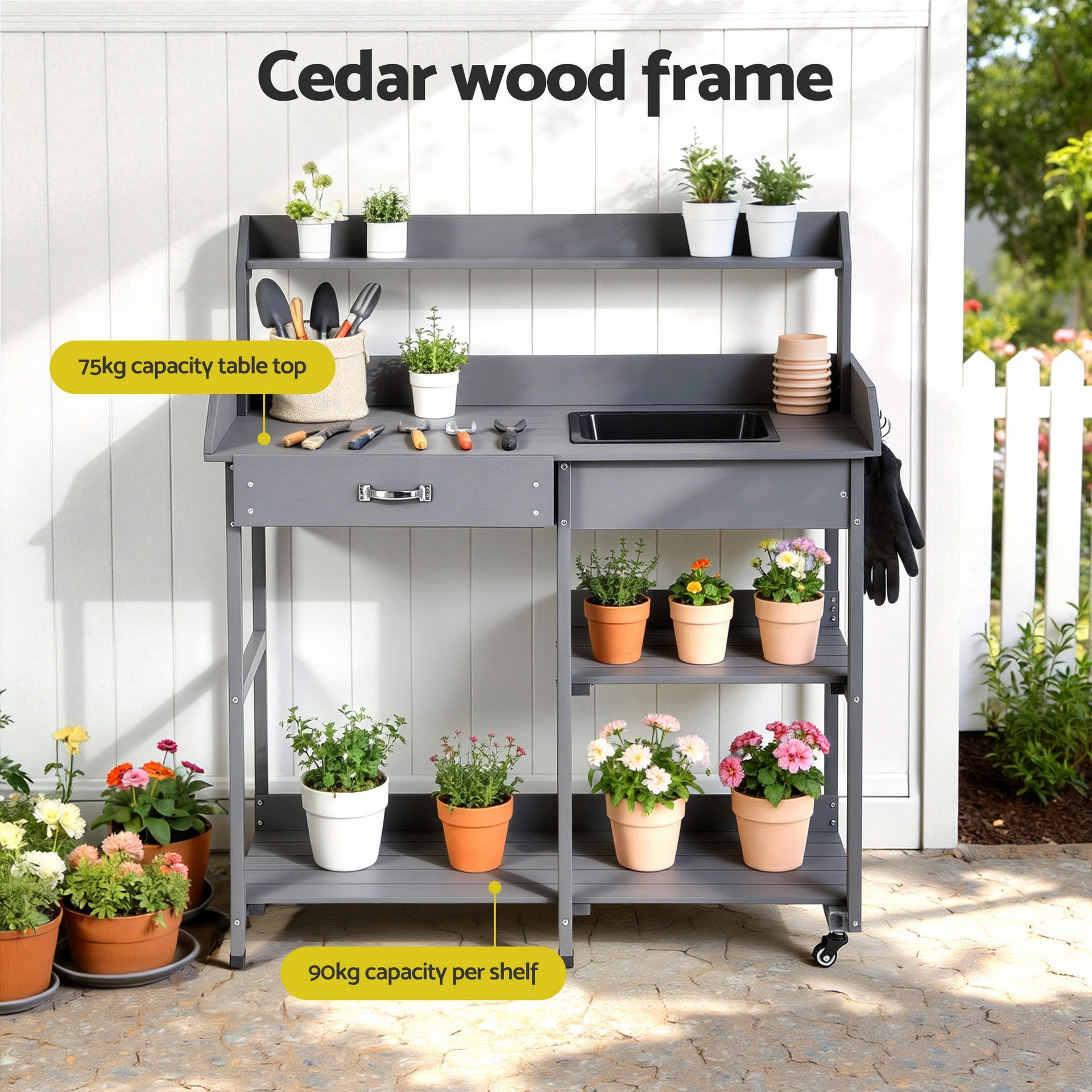 Gardeon Outdoor Potting Bench Table Storage Cabinet Potters Garden Workstation Grey Awezingly