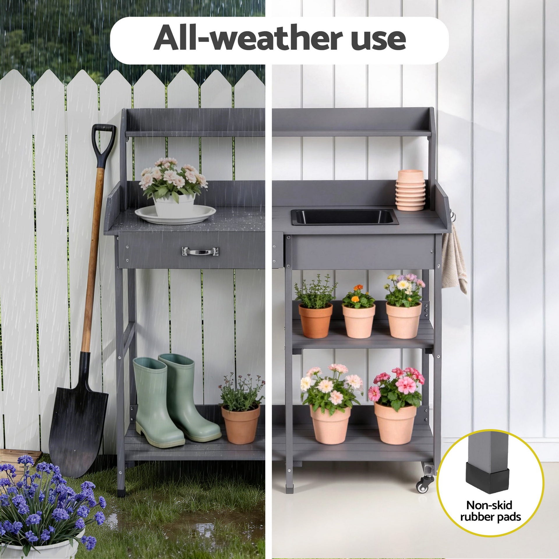 Gardeon Outdoor Potting Bench Table Storage Cabinet Potters Garden Workstation Grey Awezingly