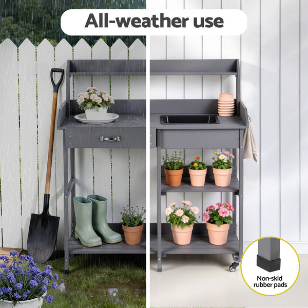 Gardeon Outdoor Potting Bench Table Storage Cabinet Potters Garden Workstation Grey Awezingly