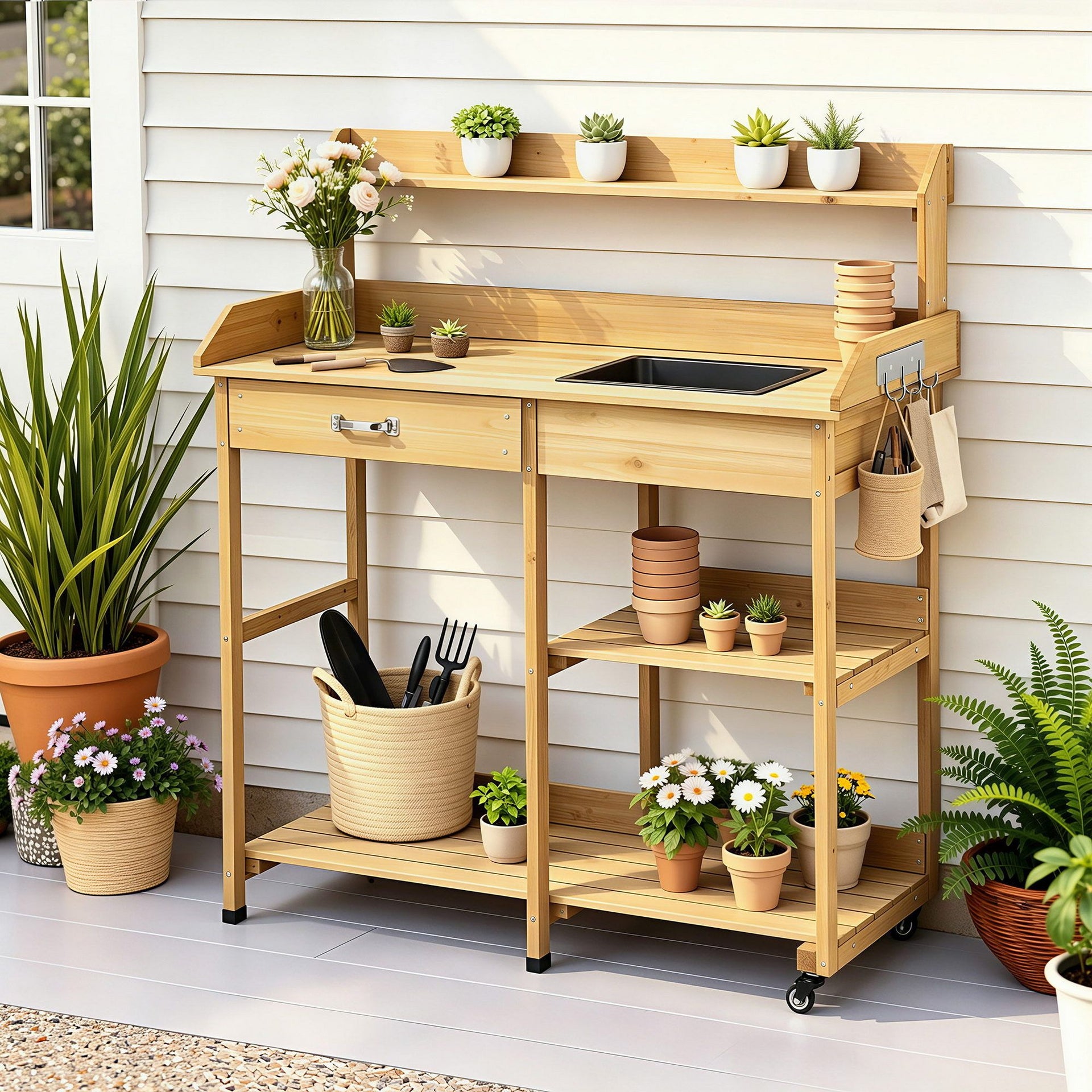 Gardeon Outdoor Potting Bench Table Storage Cabinet Potters Garden Workstation Natural Gardeon