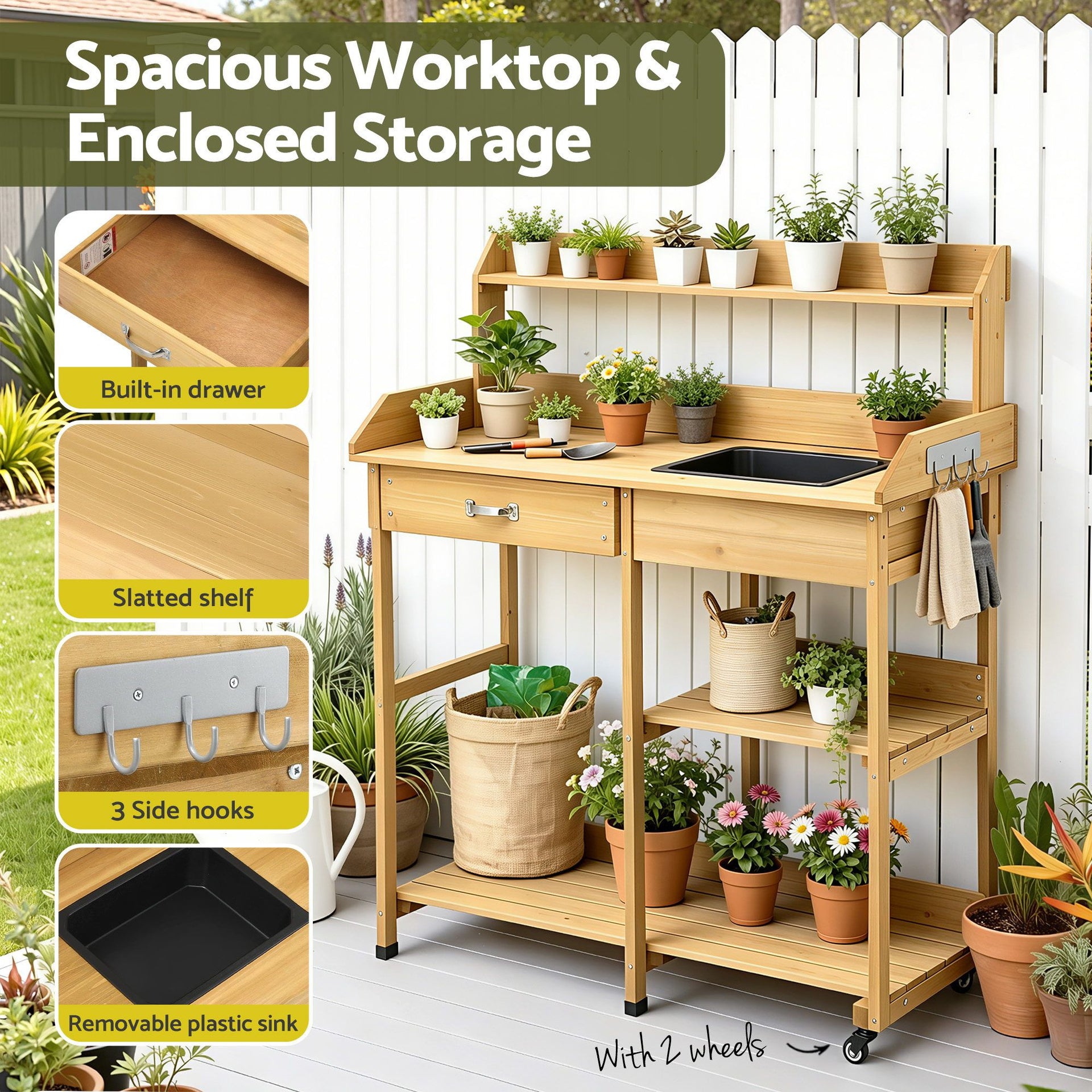 Gardeon Outdoor Potting Bench Table Storage Cabinet Potters Garden Workstation Natural Gardeon