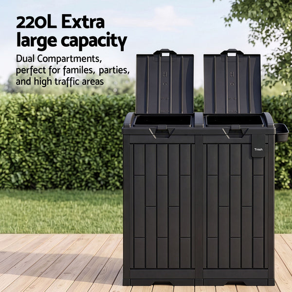 Gardeon Outdoor Trash Cans Dual Compartment Trash Can 220L Black Awezingly