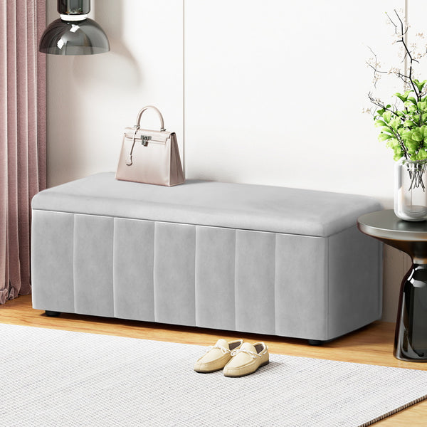 Artiss Storage Ottoman Blanket Box Velvet Grey 103cm Awezingly