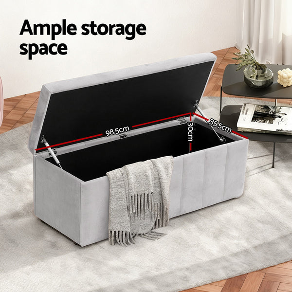 Artiss Storage Ottoman Blanket Box Velvet Grey 103cm Awezingly