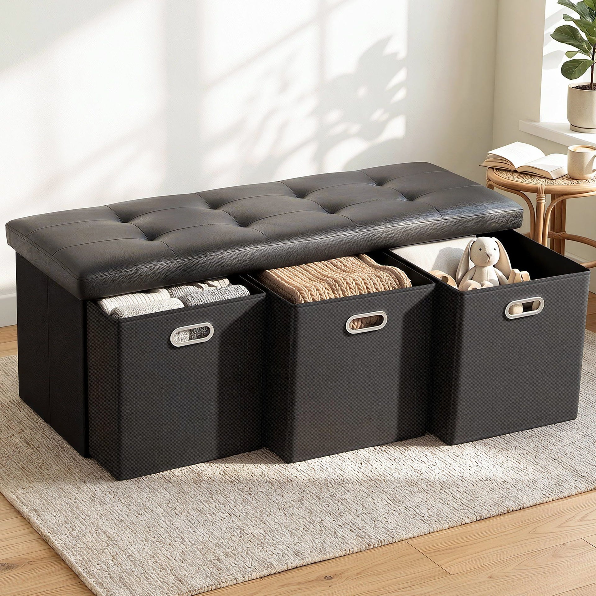 Artiss Storage Ottoman with 3 Cube Drawers Foot Stool Rest Foldable Black Awezingly