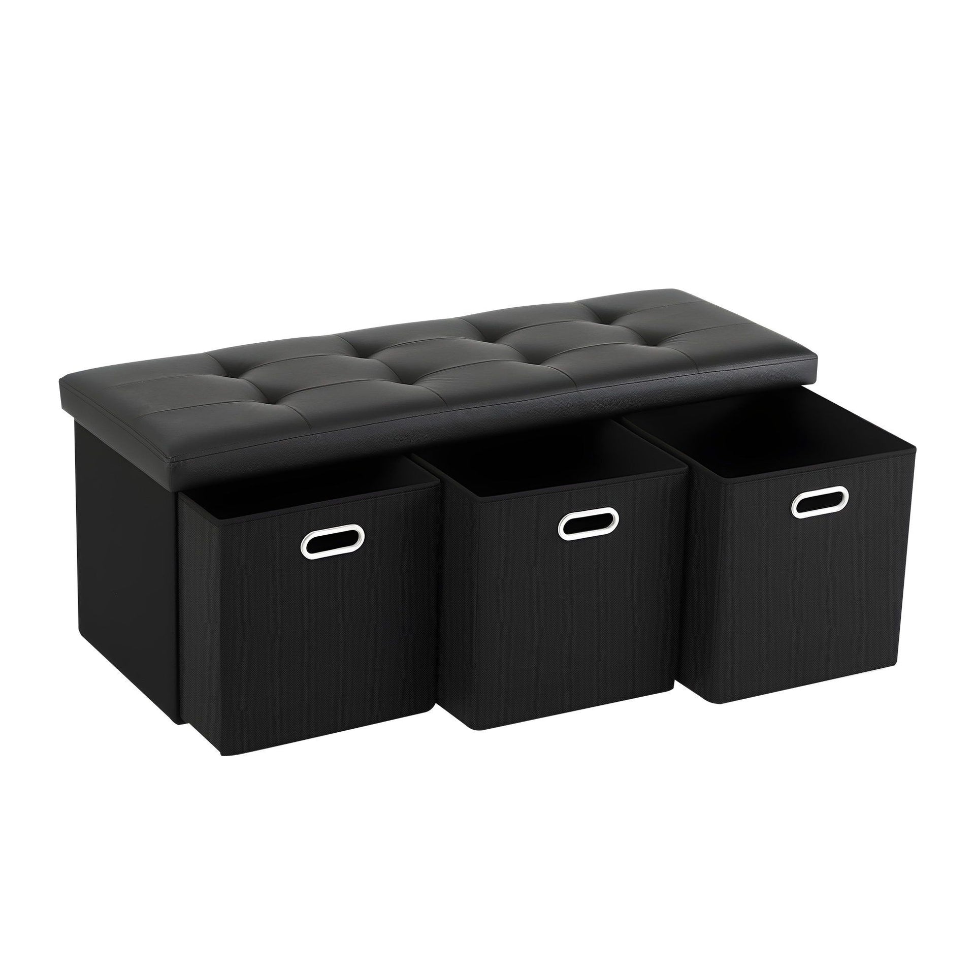 Artiss Storage Ottoman with 3 Cube Drawers Foot Stool Rest Foldable Black Awezingly
