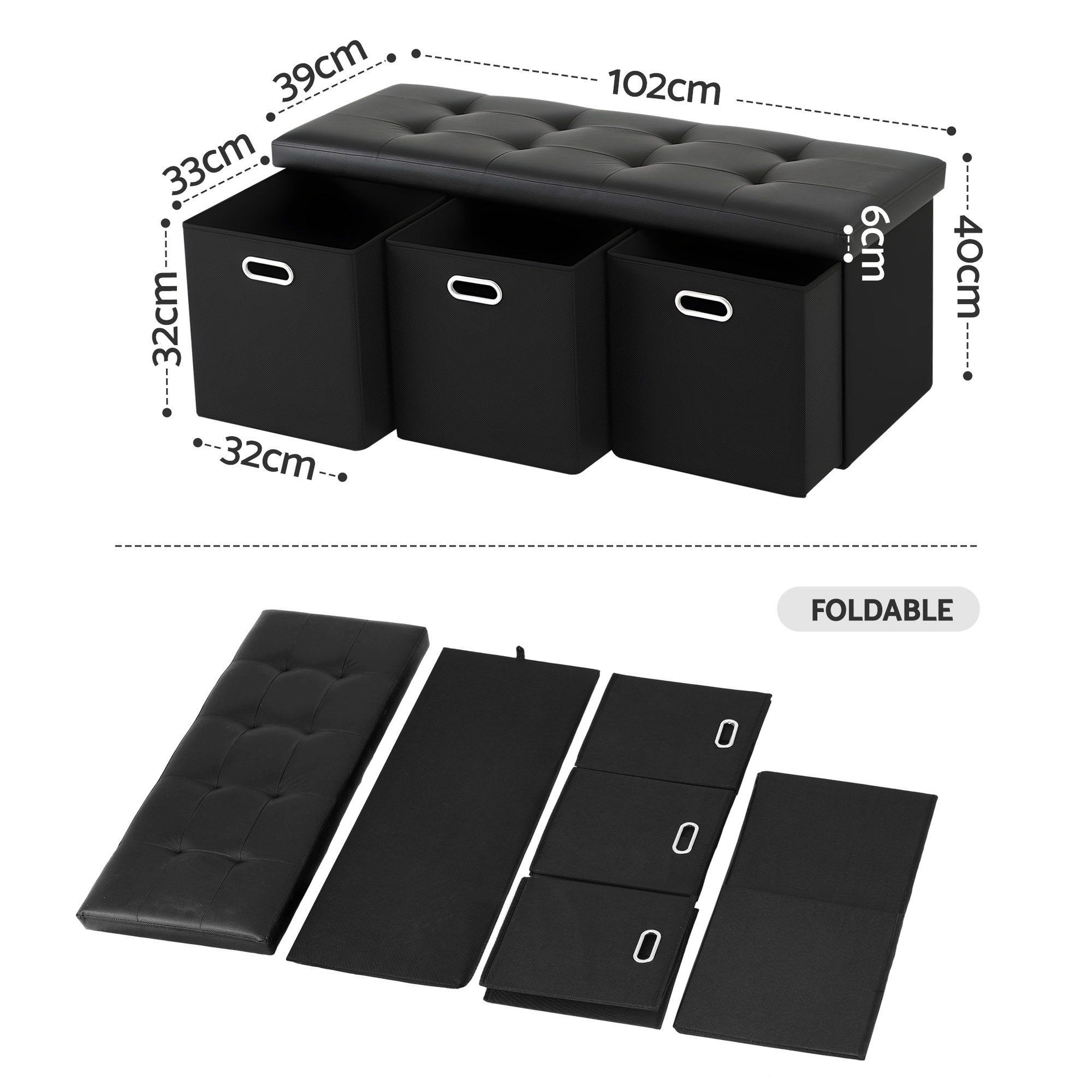 Artiss Storage Ottoman with 3 Cube Drawers Foot Stool Rest Foldable Black Awezingly