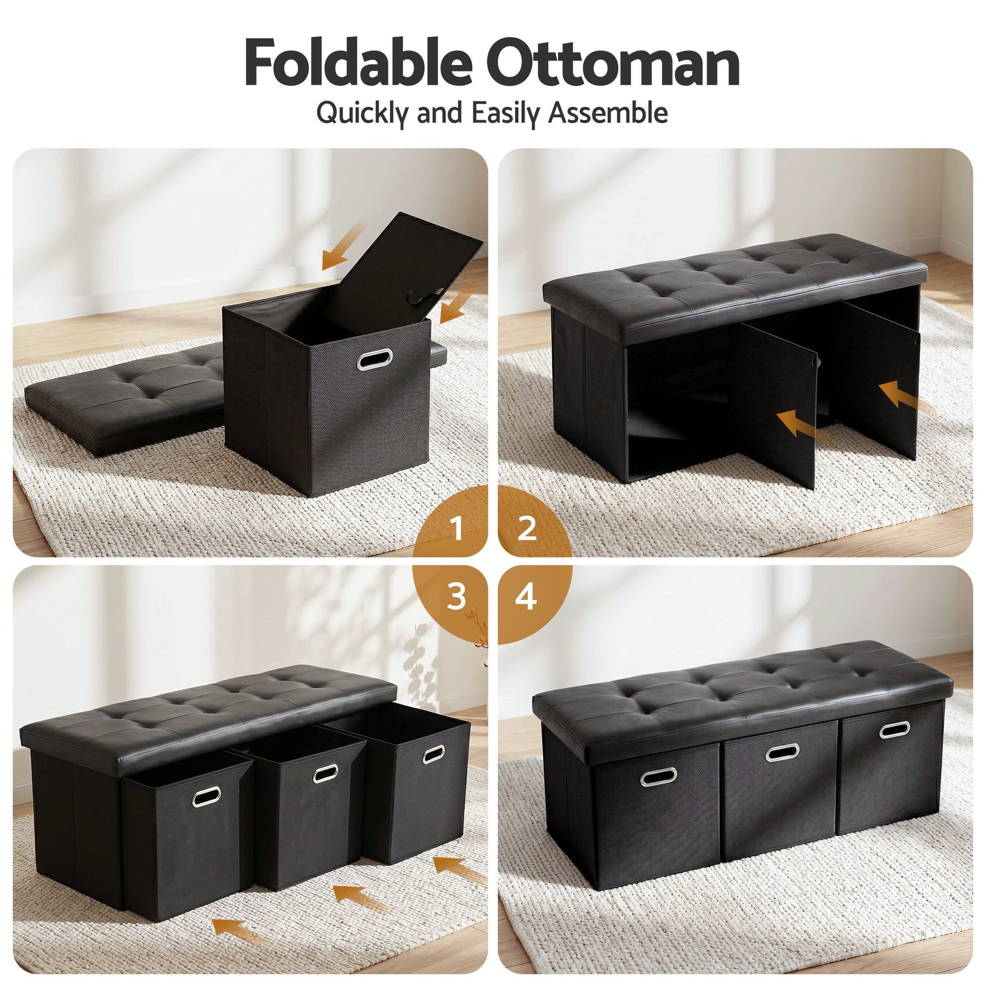 Artiss Storage Ottoman with 3 Cube Drawers Foot Stool Rest Foldable Black Awezingly