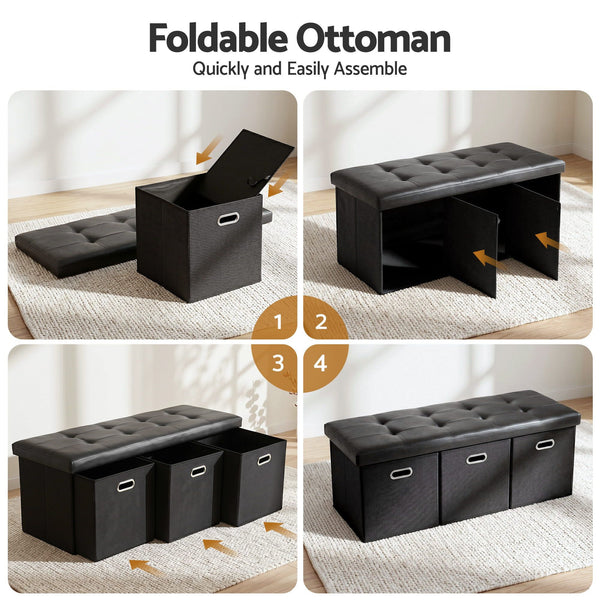 Artiss Storage Ottoman with 3 Cube Drawers Foot Stool Rest Foldable Black Awezingly