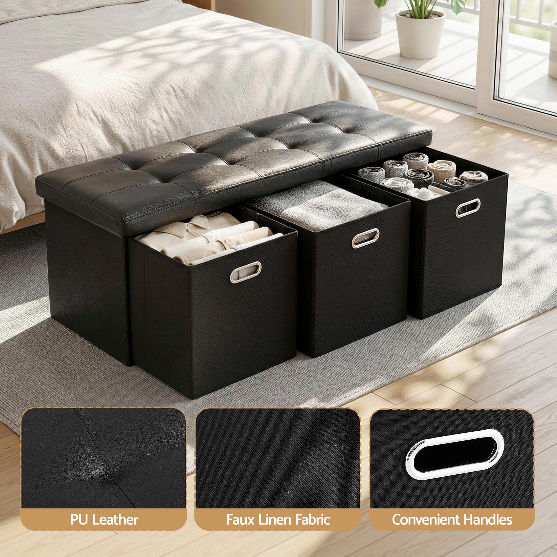 Artiss Storage Ottoman with 3 Cube Drawers Foot Stool Rest Foldable Black Awezingly