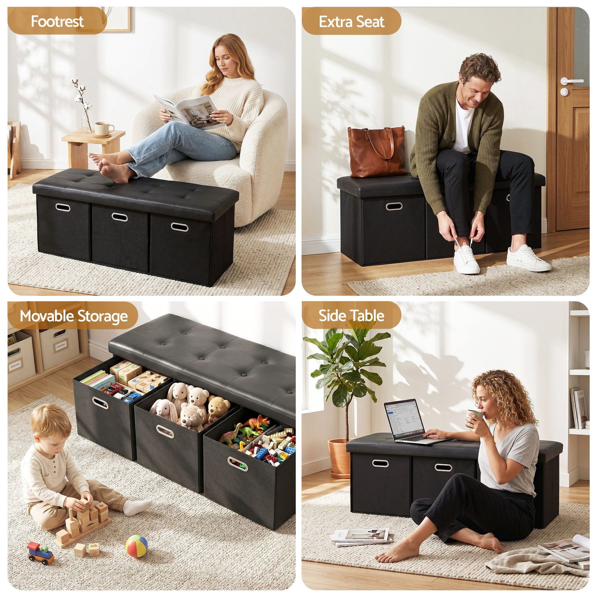 Artiss Storage Ottoman with 3 Cube Drawers Foot Stool Rest Foldable Black Awezingly