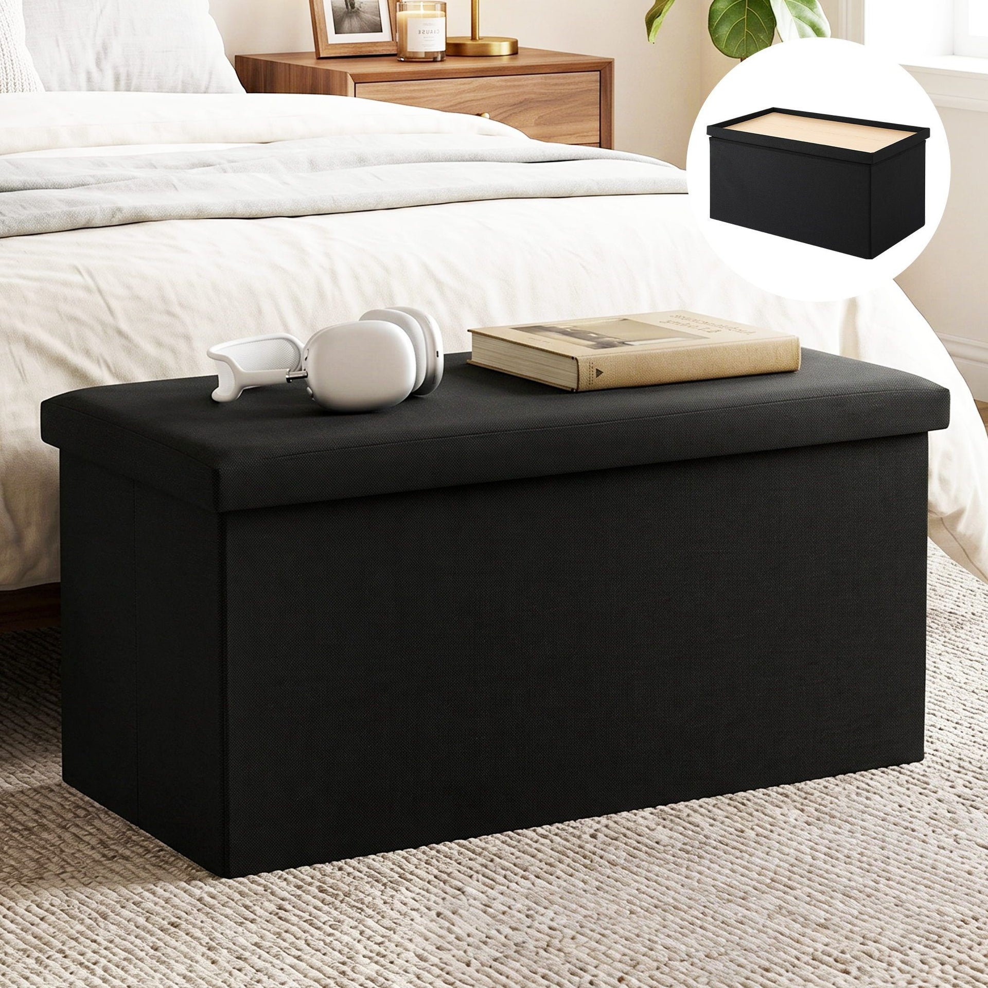 Artiss Storage Ottoman Bench Folding Blanket Box Toy Organiser Foot Stool Black Awezingly