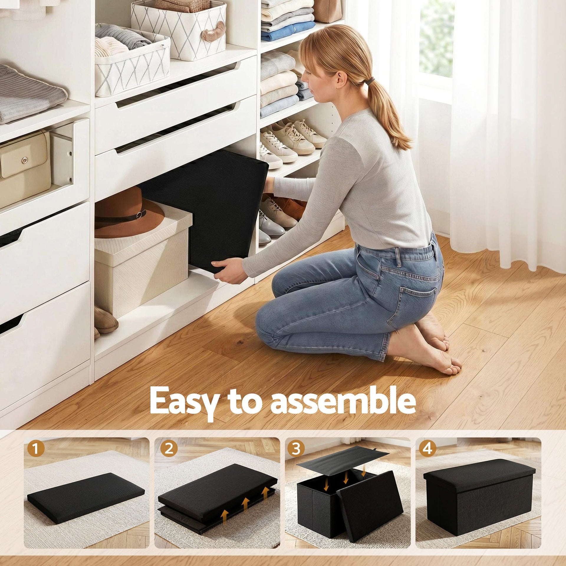 Artiss Storage Ottoman Bench Folding Blanket Box Toy Organiser Foot Stool Black Awezingly