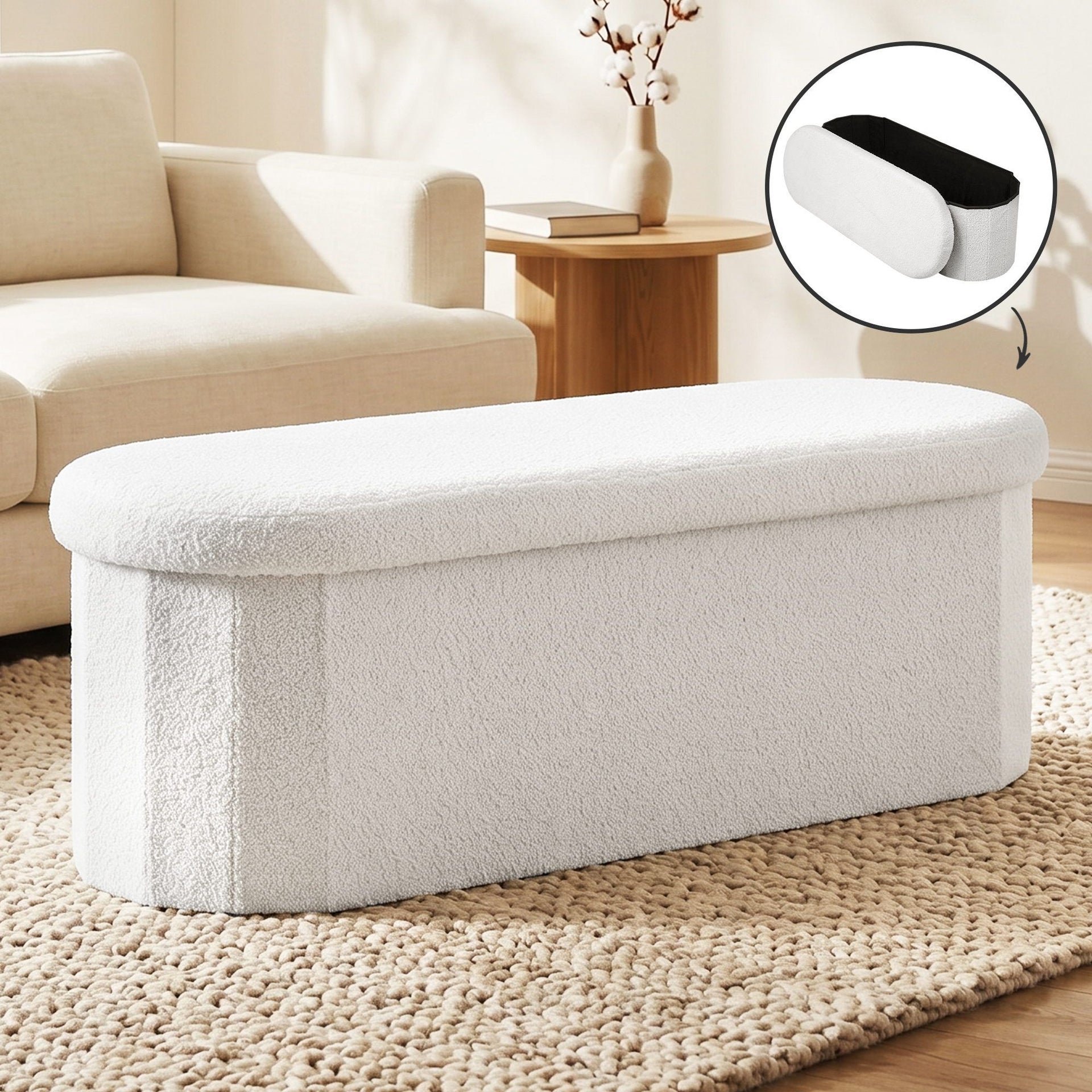 Artiss Storage Ottoman Foot Stool Rest Boucle Fabric Foldable White Awezingly