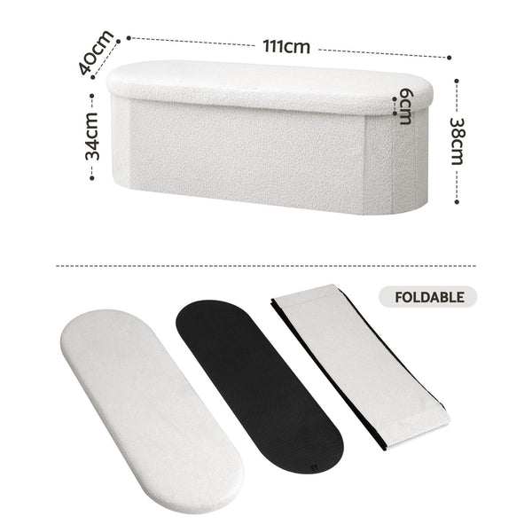 Artiss Storage Ottoman Foot Stool Rest Boucle Fabric Foldable White Awezingly