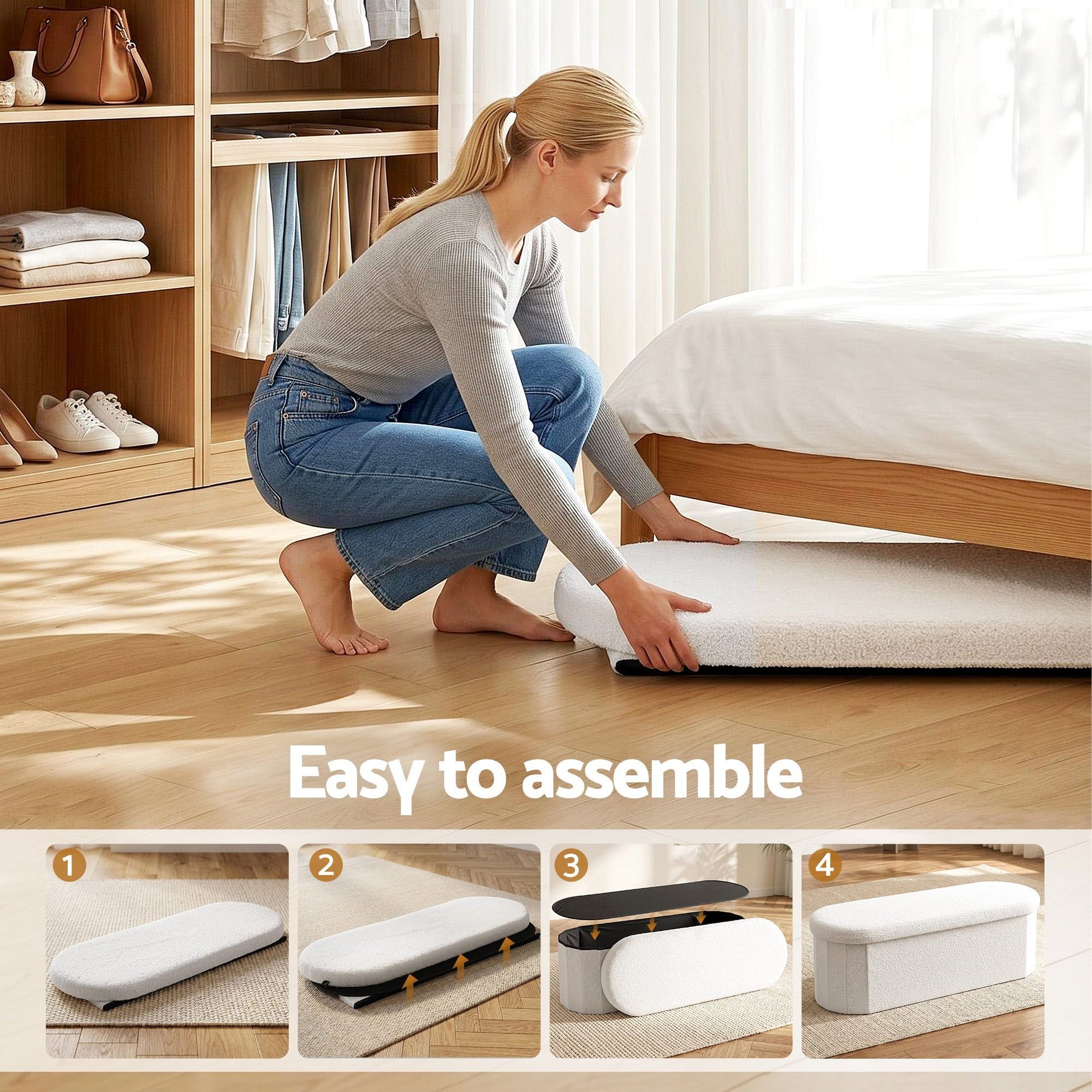 Artiss Storage Ottoman Foot Stool Rest Boucle Fabric Foldable White Awezingly