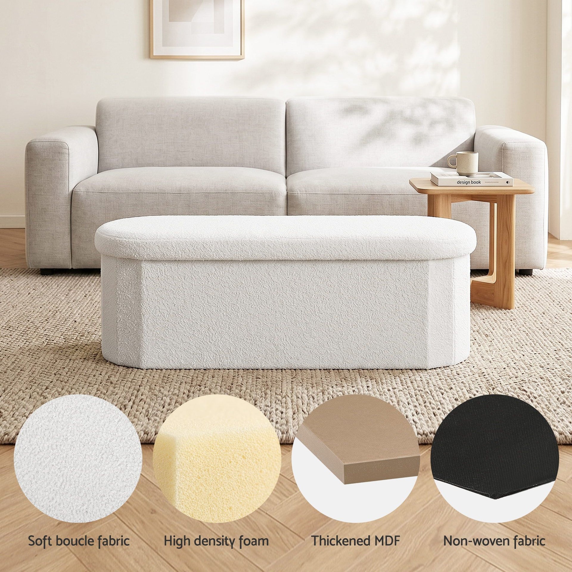 Artiss Storage Ottoman Foot Stool Rest Boucle Fabric Foldable White Awezingly