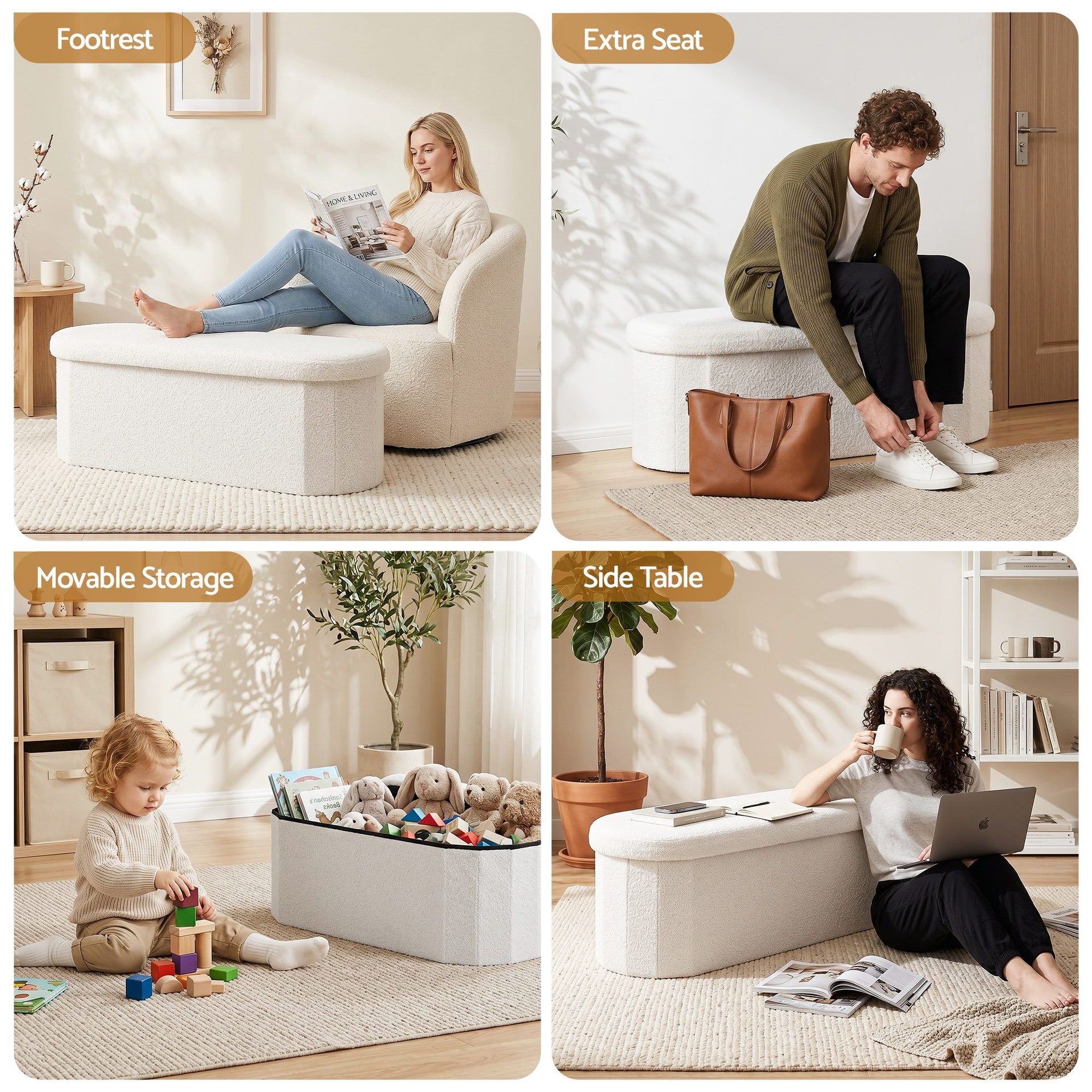 Artiss Storage Ottoman Foot Stool Rest Boucle Fabric Foldable White Awezingly