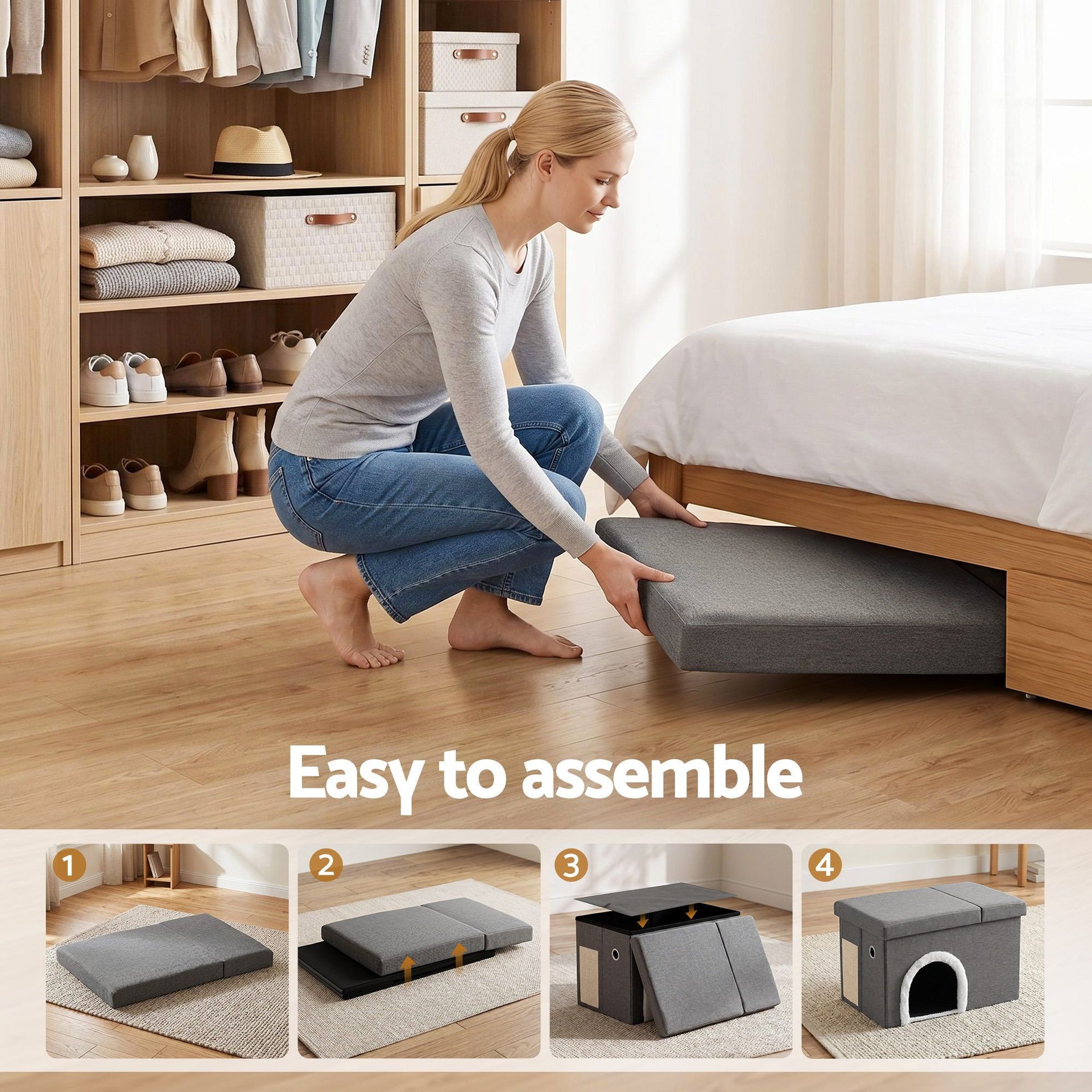 Artiss Storage Ottoman Foot Stool Cat Litter Box Enclosure Foldable Grey Awezingly