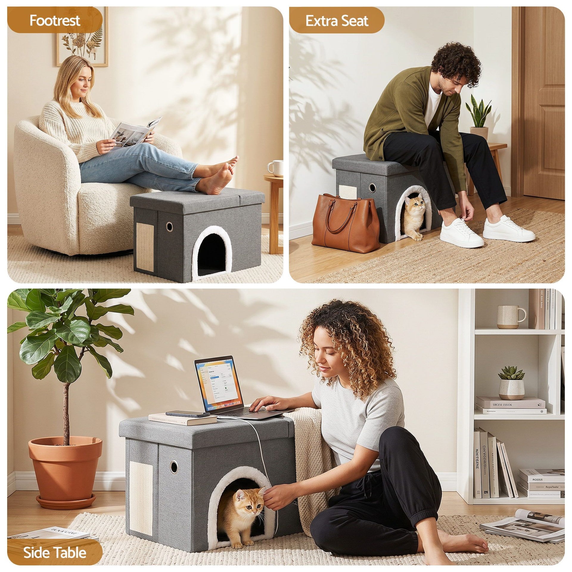 Artiss Storage Ottoman Foot Stool Cat Litter Box Enclosure Foldable Grey Awezingly