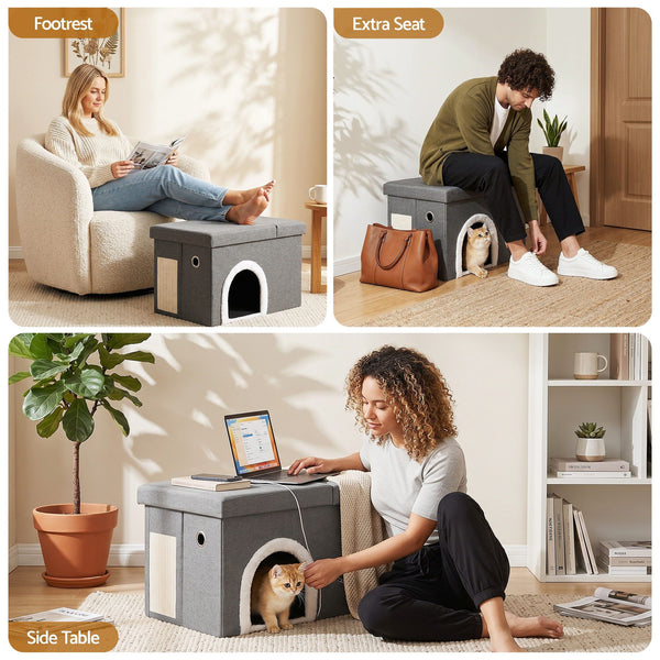 Artiss Storage Ottoman Foot Stool Cat Litter Box Enclosure Foldable Grey Awezingly