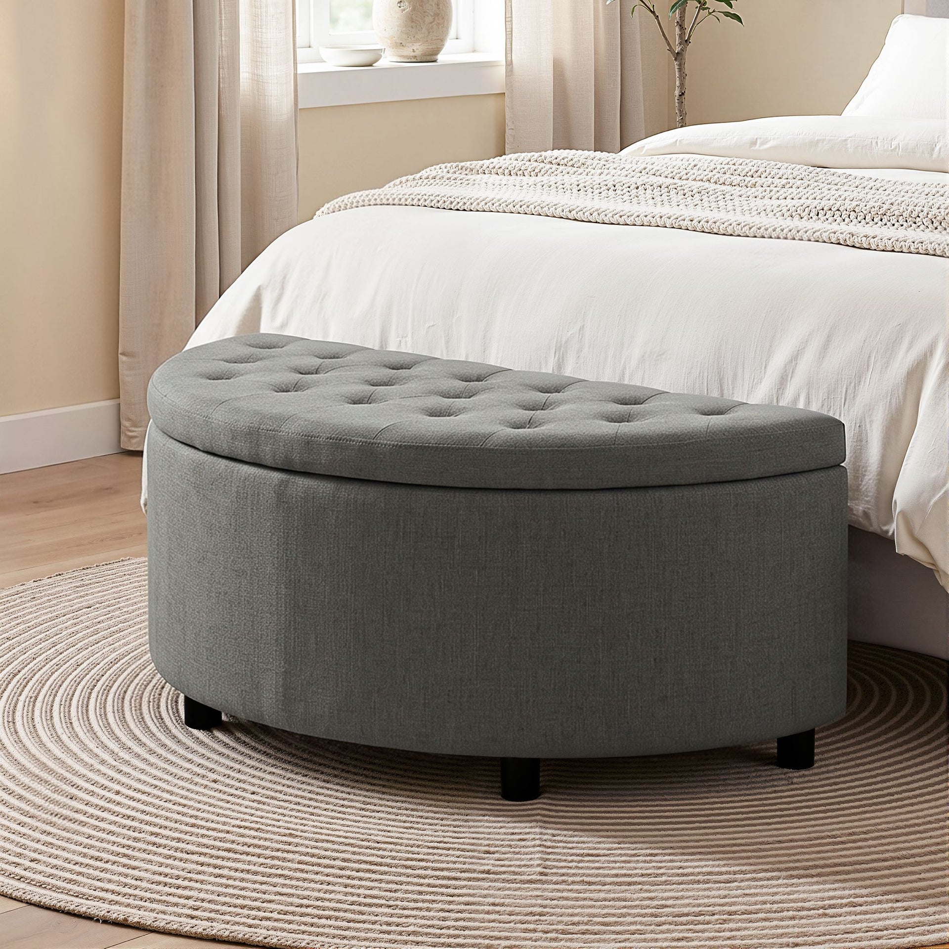 Artiss Storage Ottoman Bench Linen Fabric Tufted Half Round Footstool Grey Awezingly
