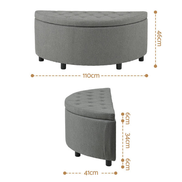 Artiss Storage Ottoman Bench Linen Fabric Tufted Half Round Footstool Grey Awezingly