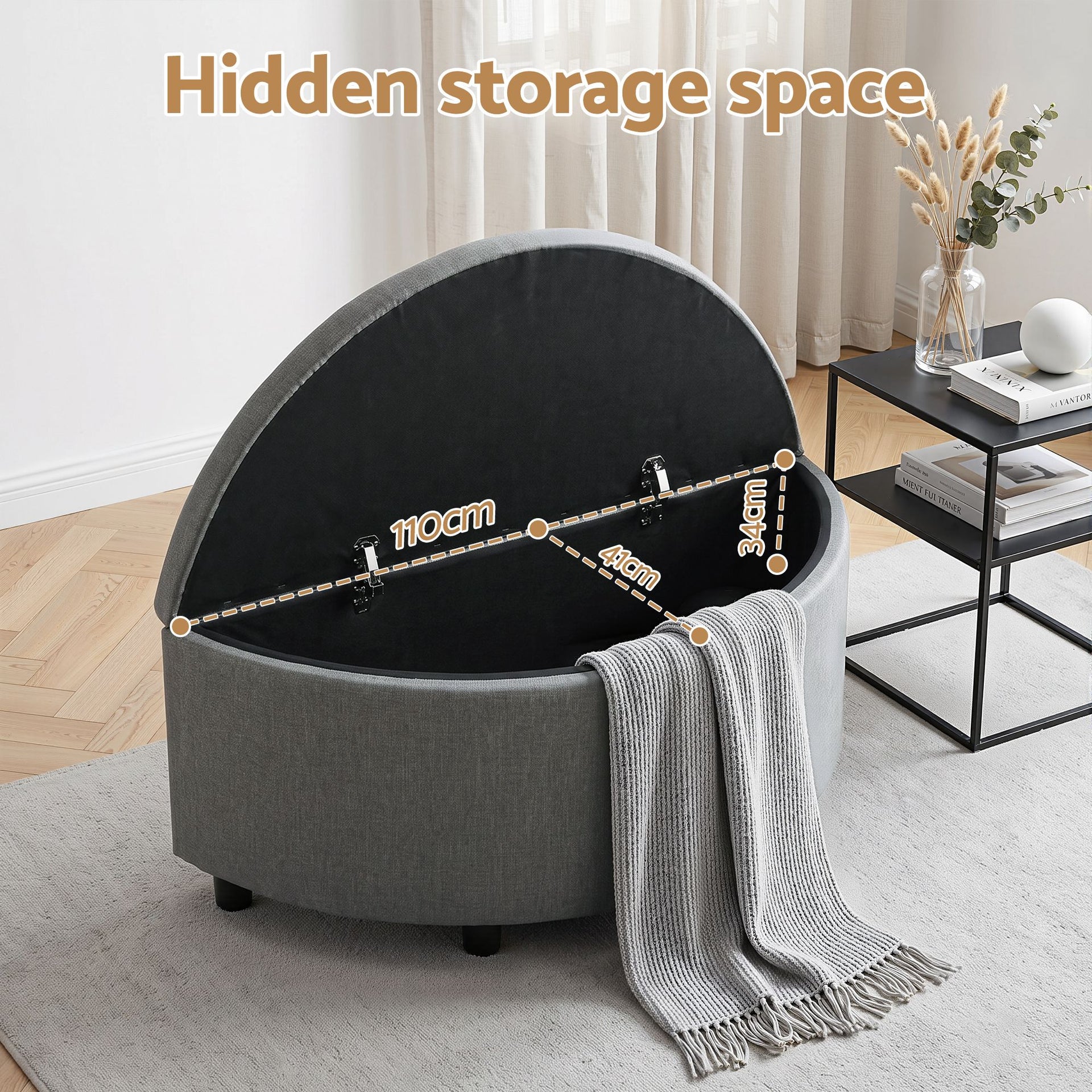 Artiss Storage Ottoman Bench Linen Fabric Tufted Half Round Footstool Grey Awezingly
