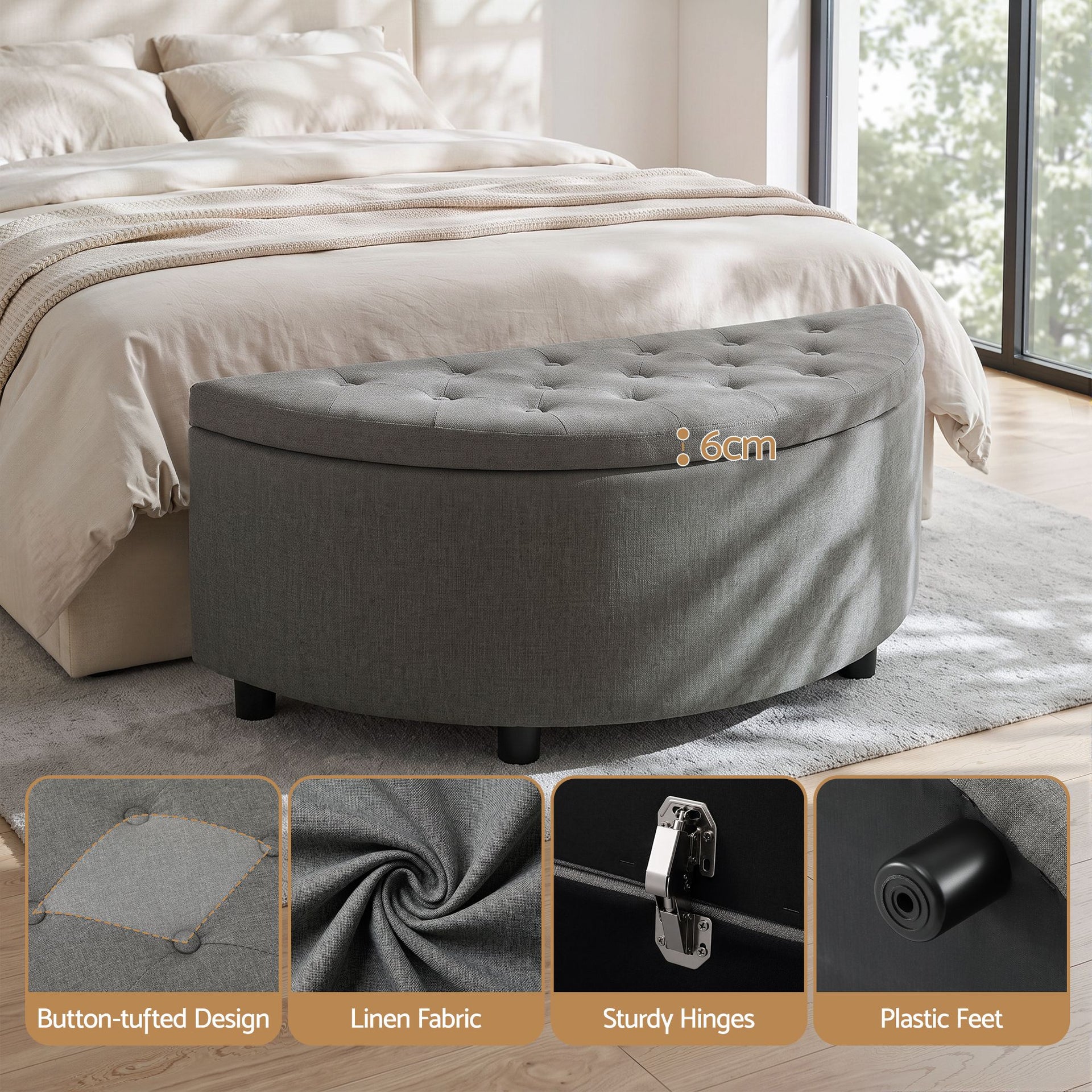 Artiss Storage Ottoman Bench Linen Fabric Tufted Half Round Footstool Grey Awezingly