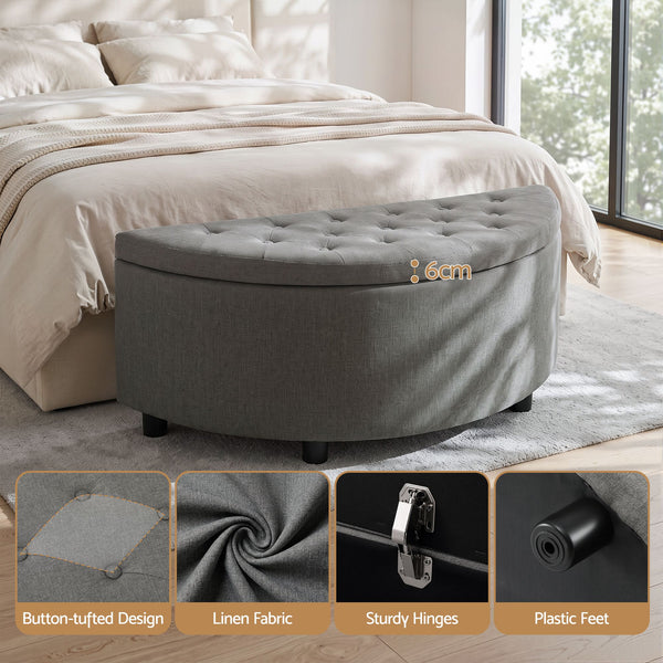 Artiss Storage Ottoman Bench Linen Fabric Tufted Half Round Footstool Grey Awezingly