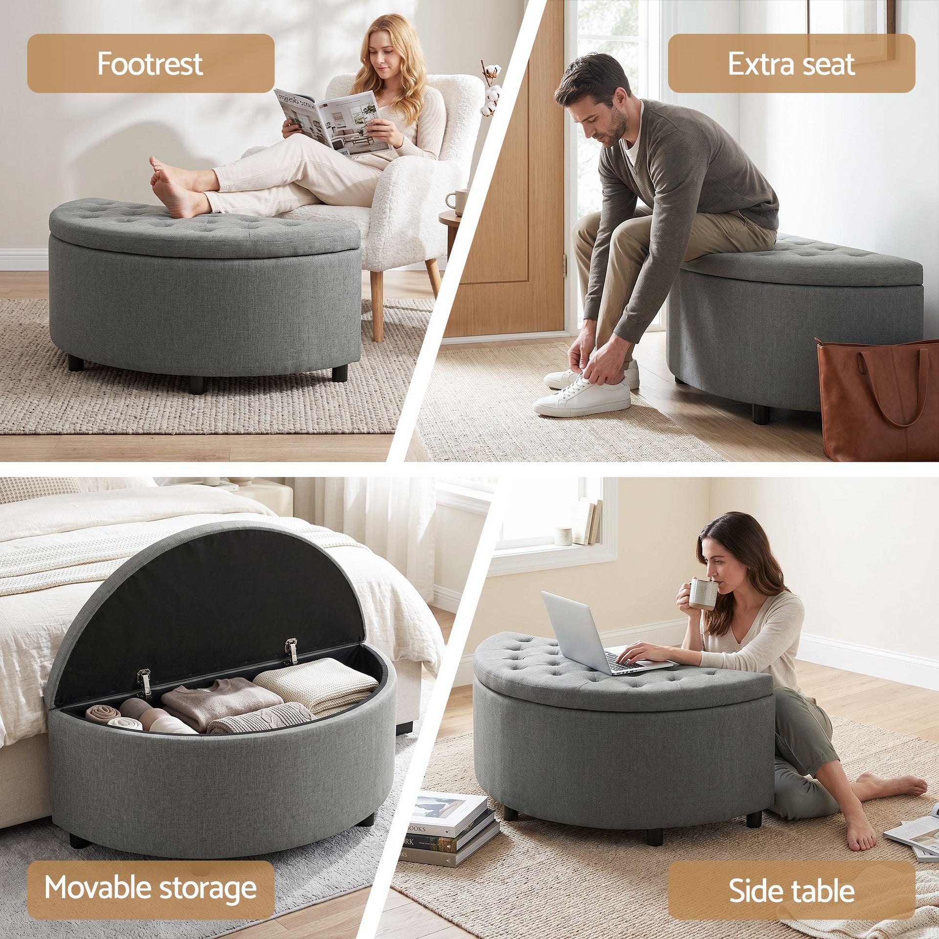 Artiss Storage Ottoman Bench Linen Fabric Tufted Half Round Footstool Grey Awezingly