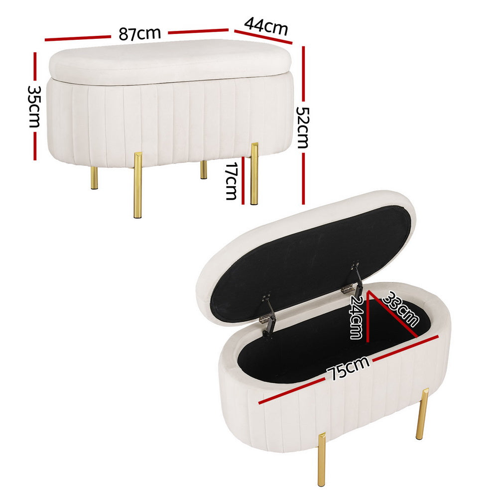 Artiss Storage Ottoman Blanket Box 87cm Velvet Oval White Artiss