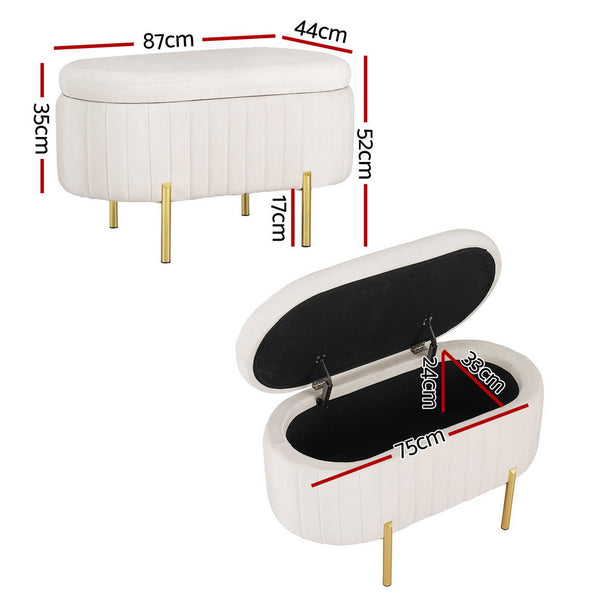Artiss Storage Ottoman Blanket Box 87cm Velvet Oval White Artiss