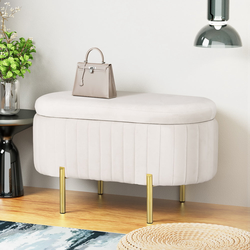 Artiss Storage Ottoman Blanket Box 87cm Velvet Oval White Artiss