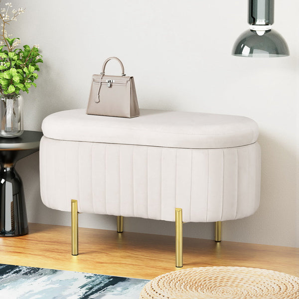 Artiss Storage Ottoman Blanket Box 87cm Velvet Oval White Artiss