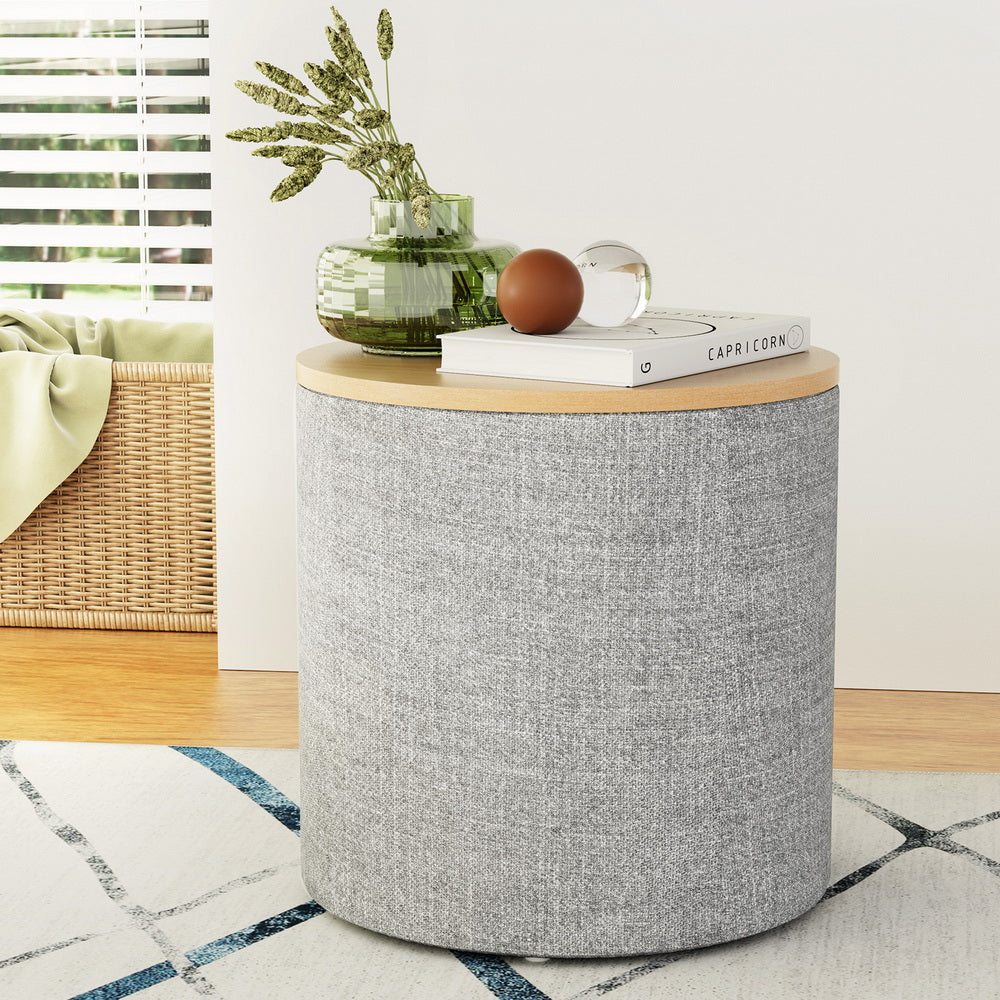 Artiss Storage Ottoman Blanket Box 40cm Linen Round Grey Artiss