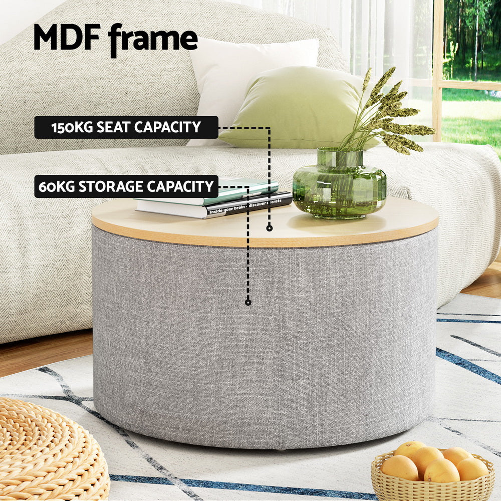 Artiss Storage Ottoman Blanket Box 60cm Linen Round Grey Artiss