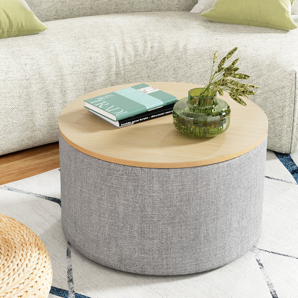 Artiss Storage Ottoman Blanket Box 60cm Linen Round Grey Artiss